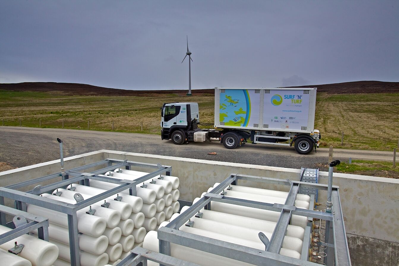 Hydrogen storage cylinders and mobile storage unit in Eday, Orkney - image by Colin Keldie