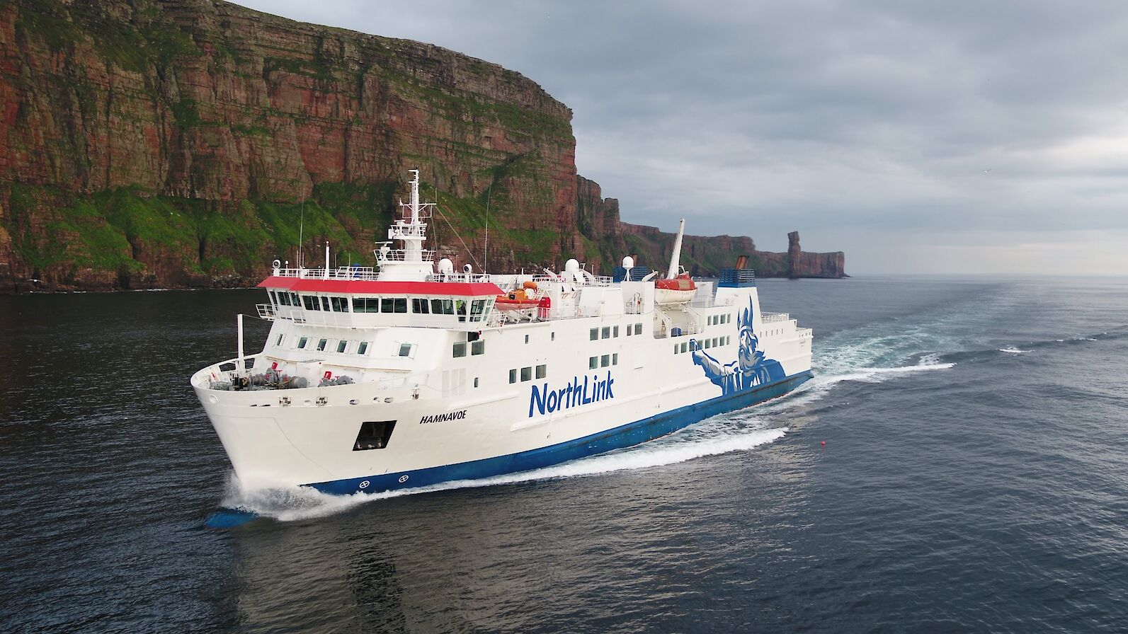 NorthLink Ferries vessel 'Hamnavoe' sailing past the cliffs of Hoy, Orkney - image by Nick McCaffrey