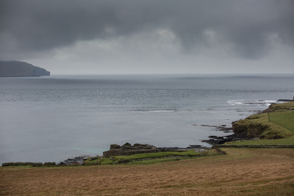 The broch is perched on the coast overlooking Eynhallow Sound