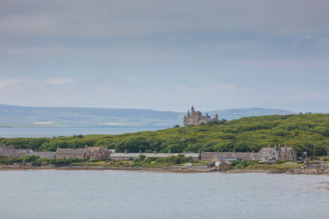View towards Balfour village and Balfour Castle, Shapinsay, Orkney