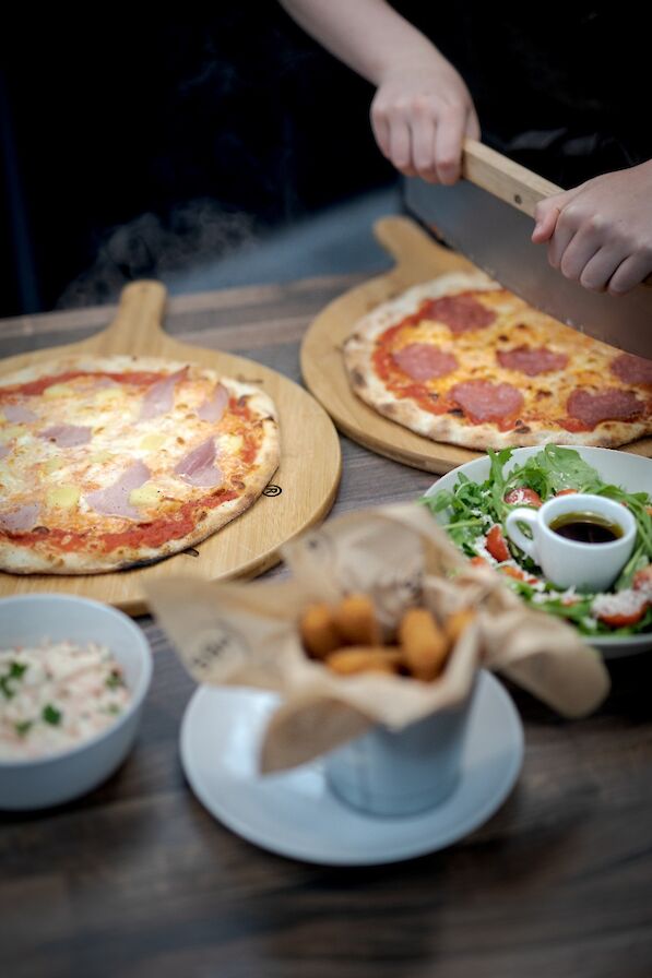 Fresh pizzas and sides at 59 Degrees North, Sanday, Orkney