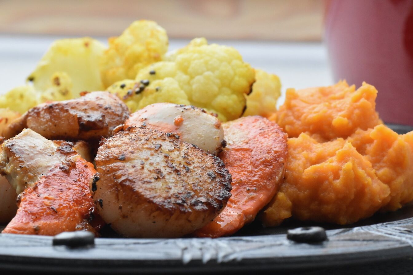 Rosemary Moon's neep, carrot and spiced cauliflower scallop dish