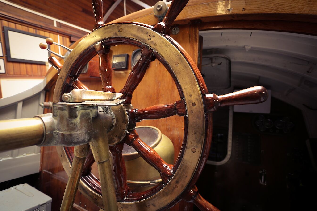 The wheel of the Thomas McCunn in the Longhope Lifeboat Museum