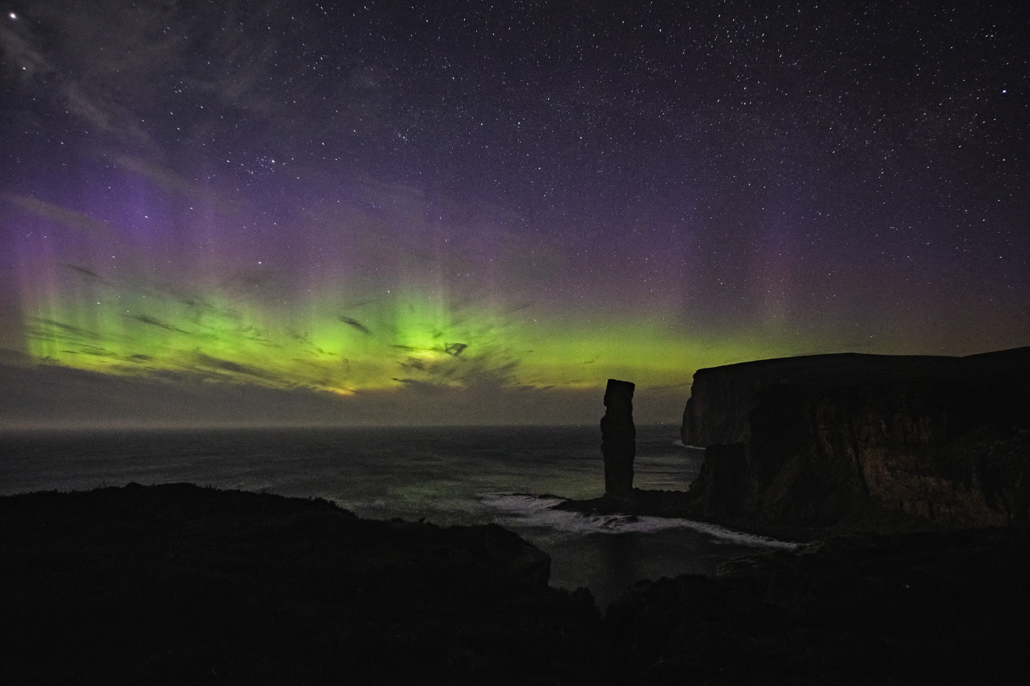 Aurora over the Old Man of Hoy, Orkney - image by John Stoddard