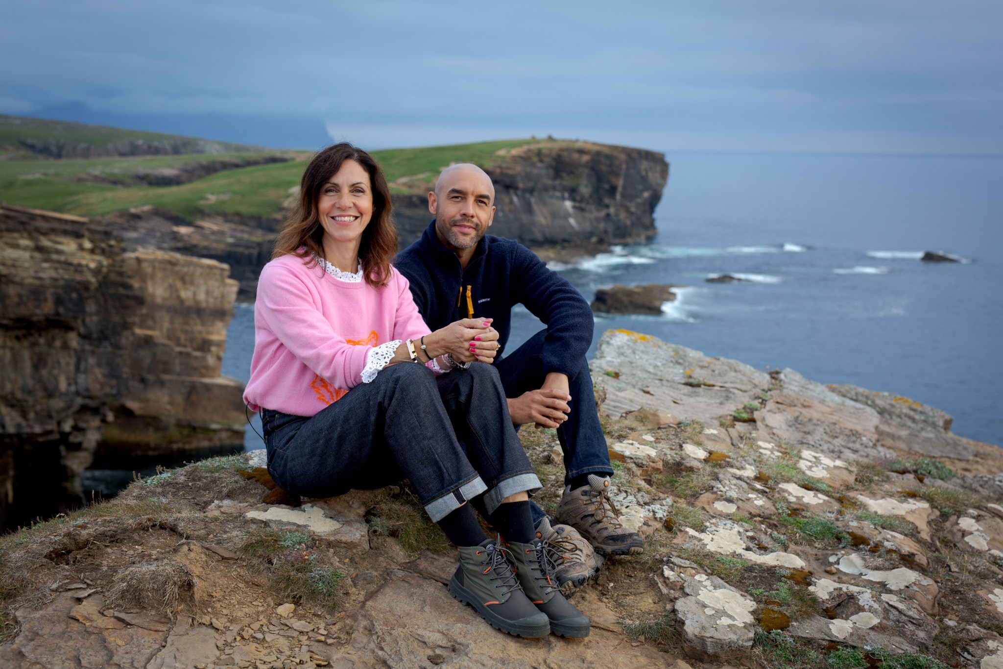 Julia Bradbury and Alex Beresford pictured at Yesnaby during filming of 'Orkney: Britain's Green Islands'