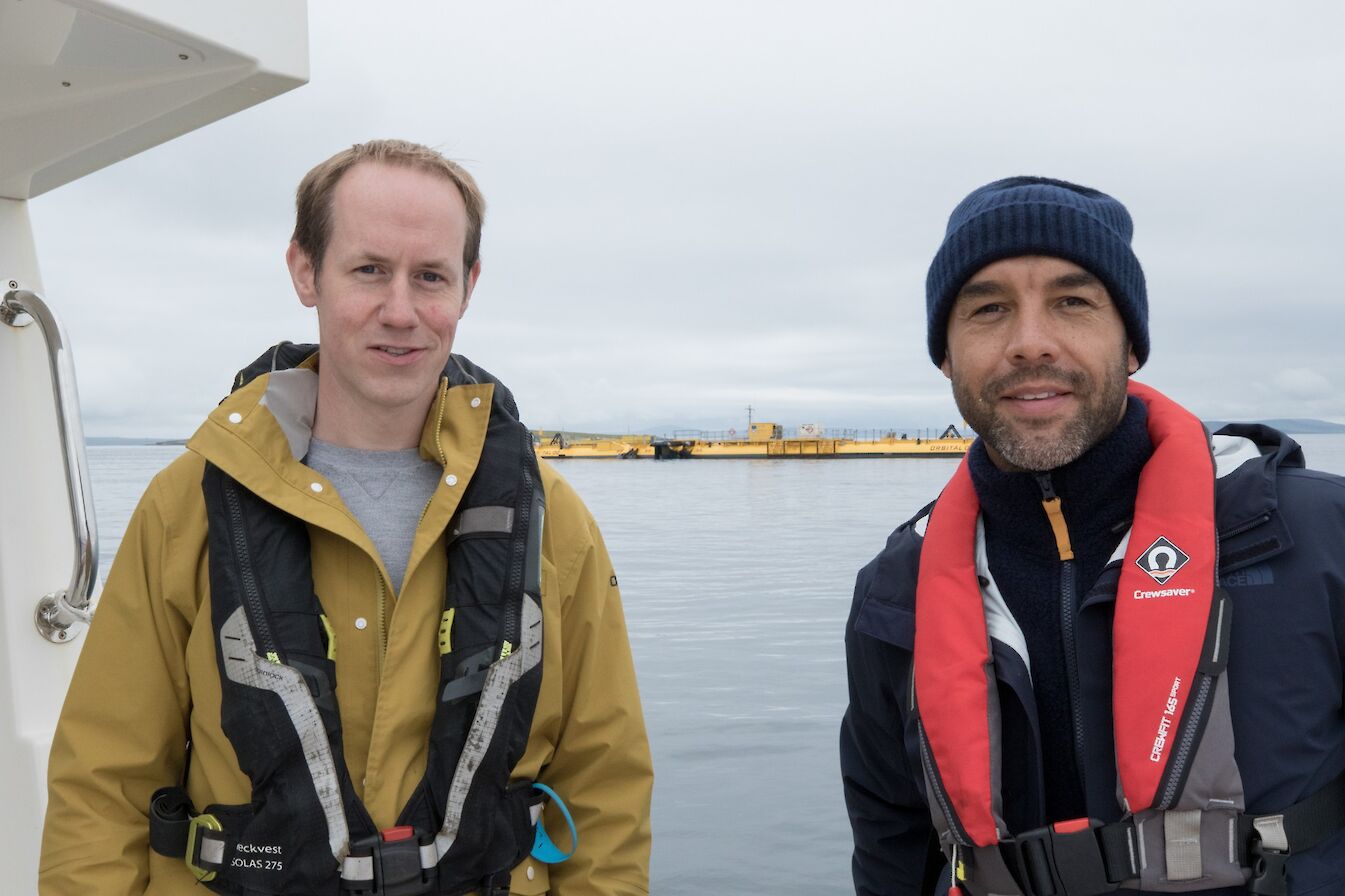Alex Beresford at the O2 tidal energy device in Orkney, with Orbital Marine's William Annal - image by Kim Lomax