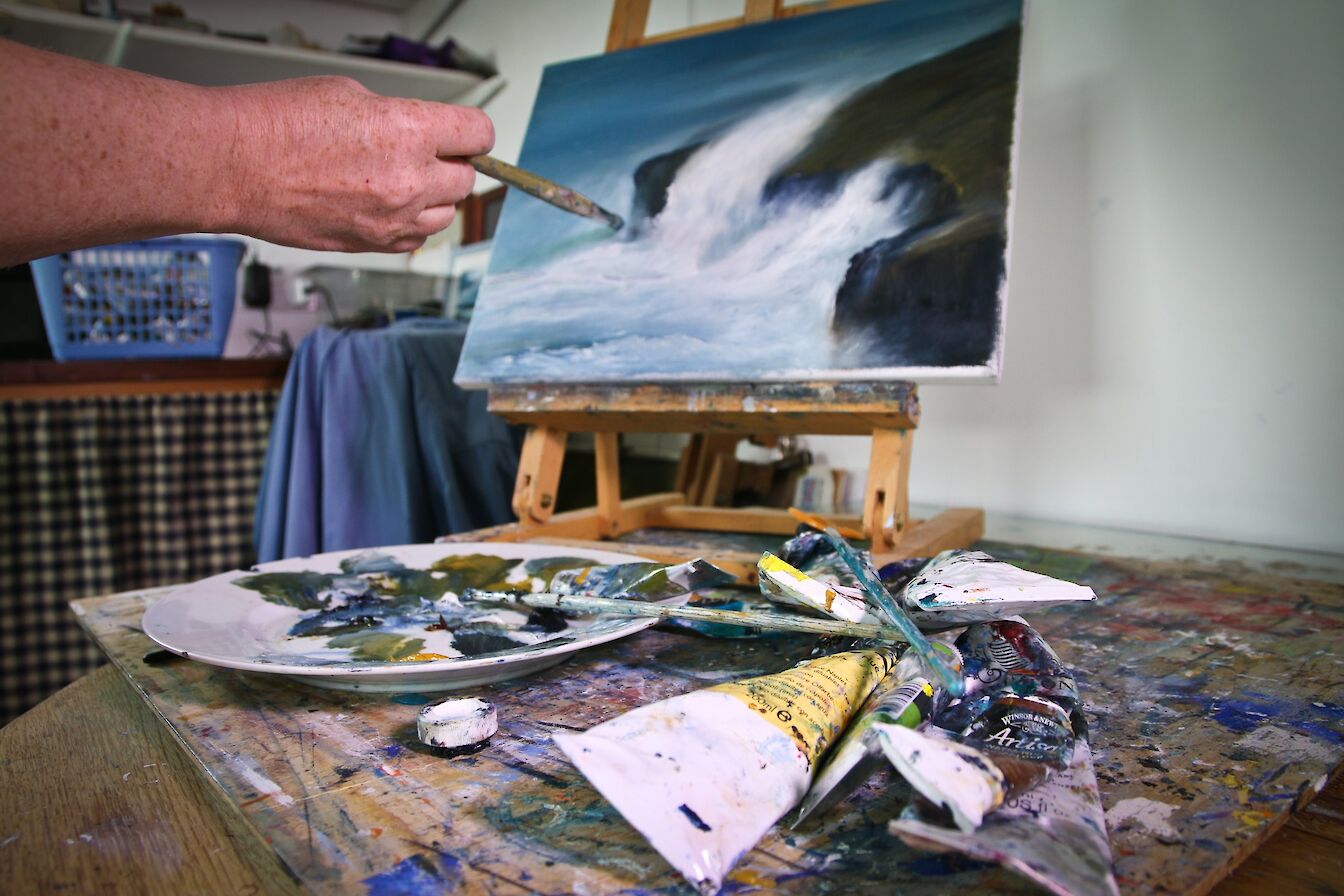 Artist Ingrid Grieve at work, Orkney