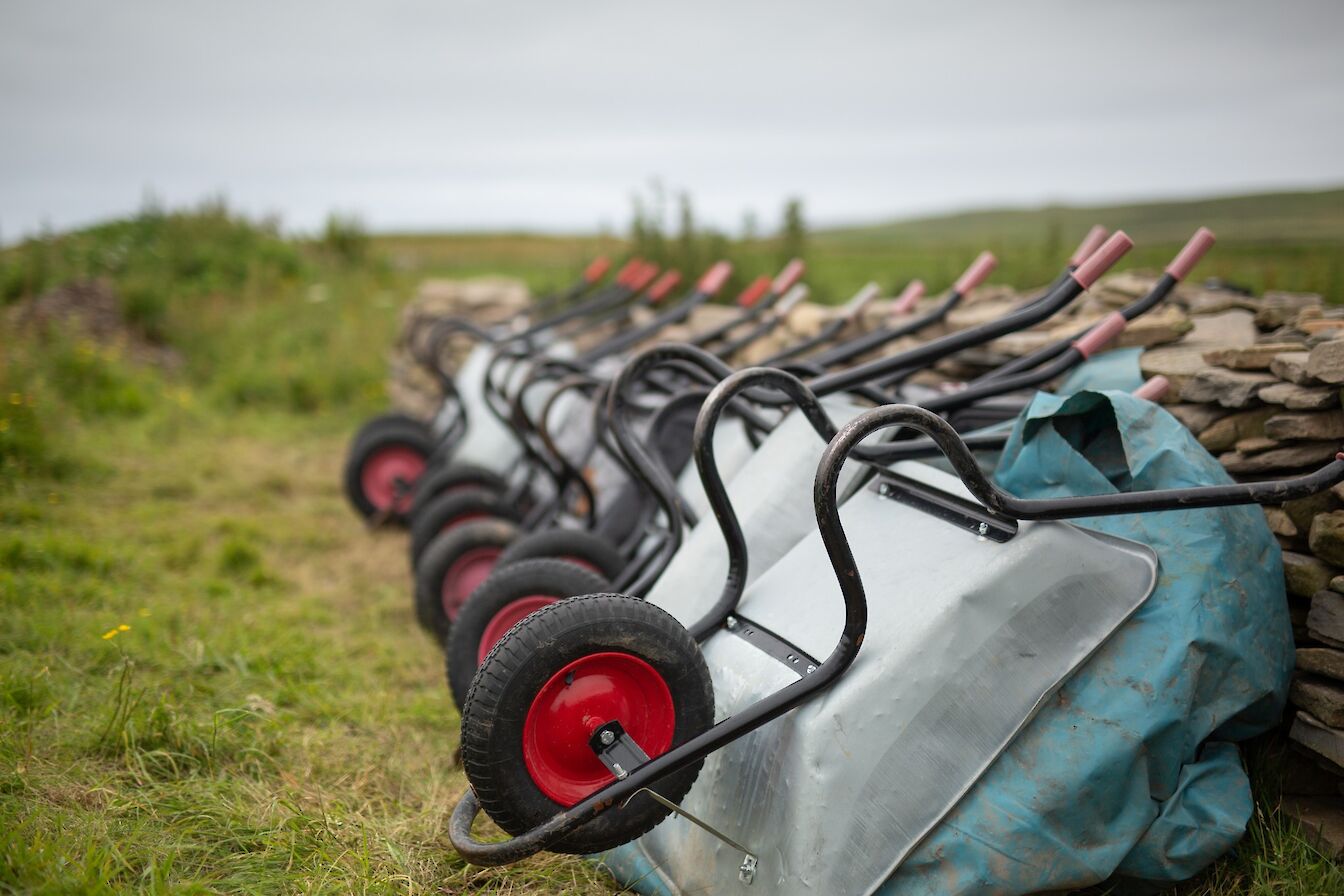 Wheelbarrows ready for use at Swandro, Orkney