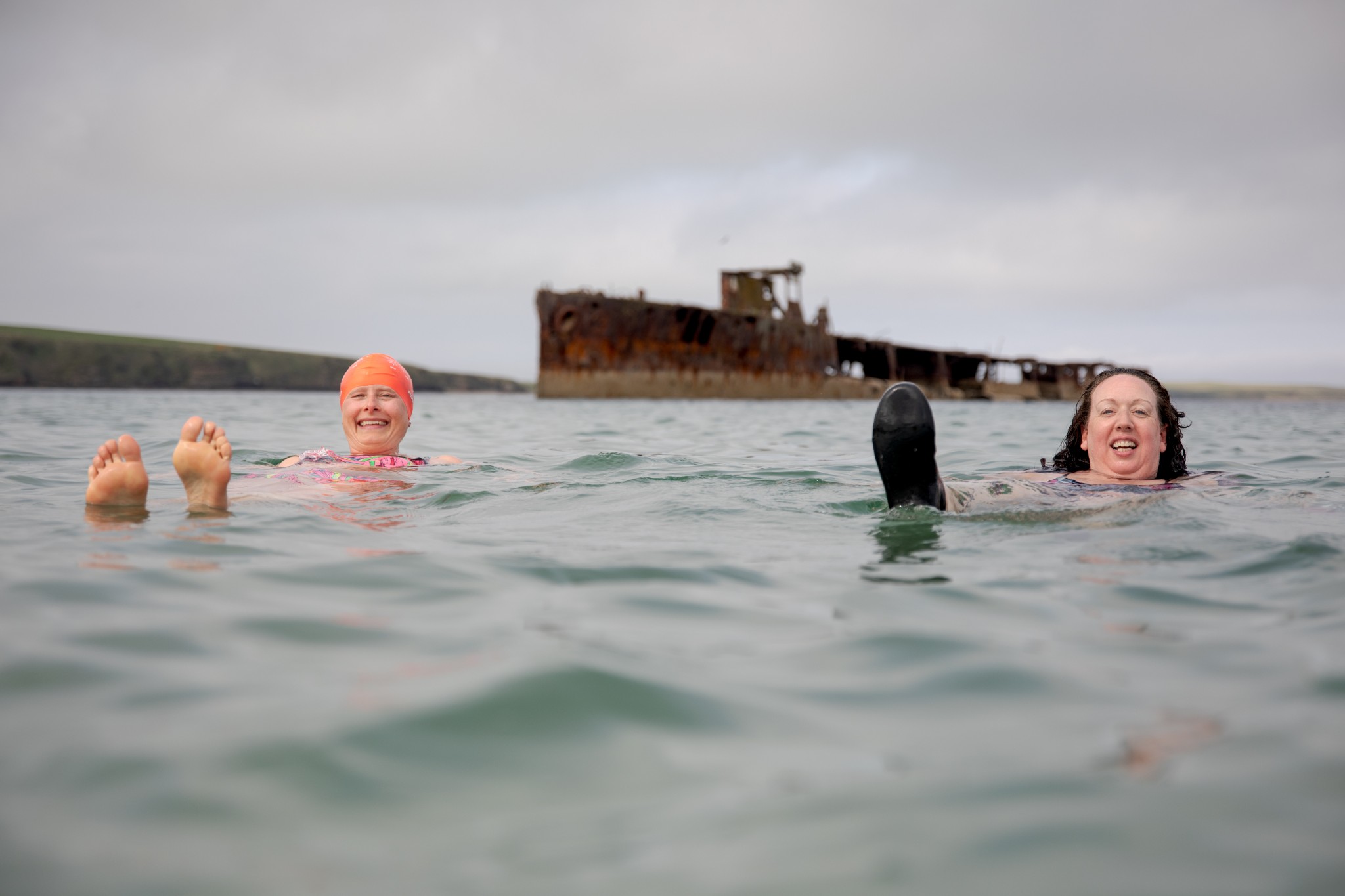 Alison Lievesley and Susan Mackay relaxing after a sea swim at Inganess, Orkney