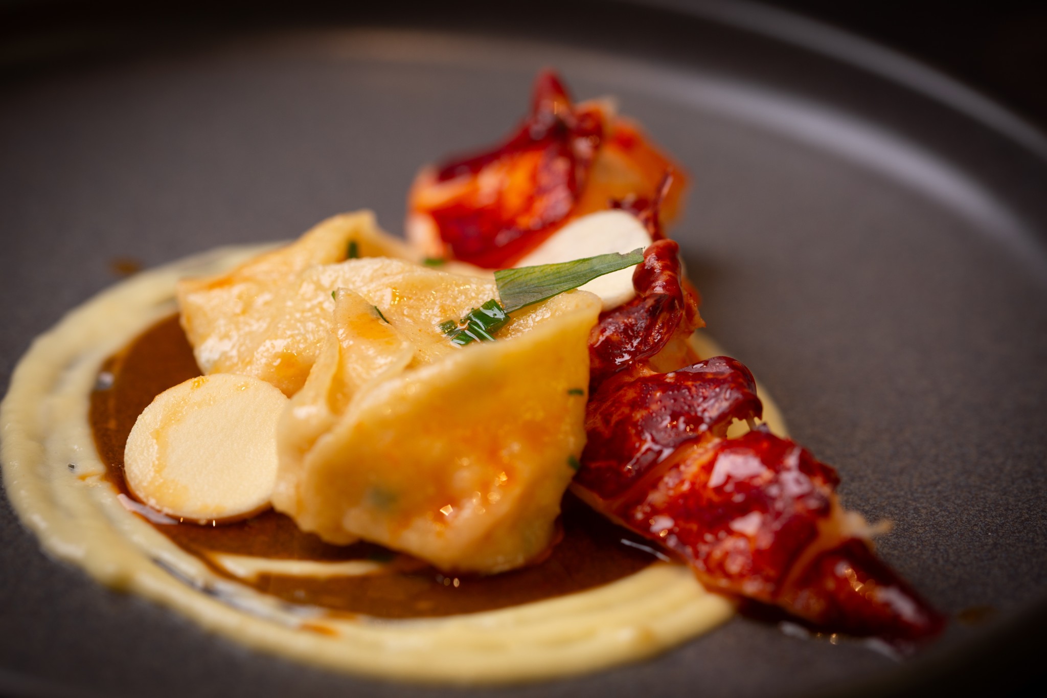 Gary's lobster tortellini, glazed lobster tail and parsnip served with lobster butter. 