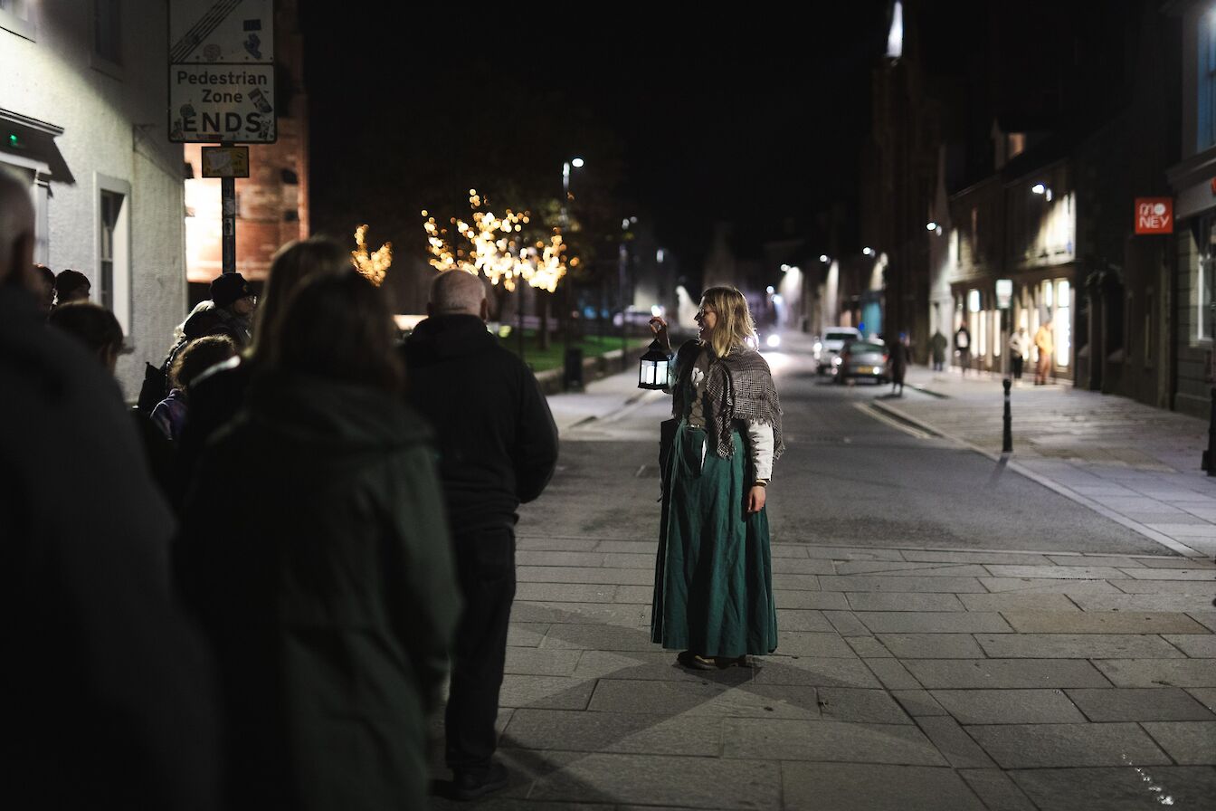 Dr Ragnhild Ljosland leading her Orkney Witchcraft Trials walk at Broad Street, Kirkwall