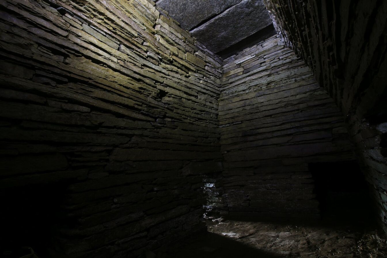 Inside the main chamber at Cuween Hill Chambered Cairn, Orkney